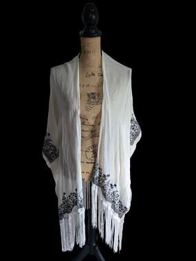 White sheer two tone embroidered shawl with fringe